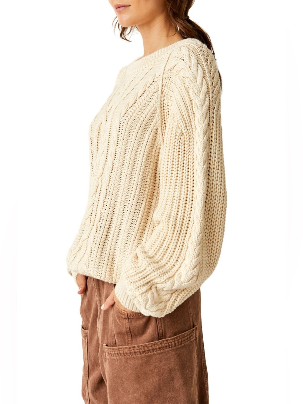 Free People Frankie Cable Cotton Sweater Ivory Medium - Picture 3 of 12
